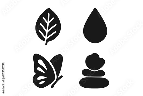 Organic beauty and spa icon set with natural elements. Solid vector glyphs of a leaf, water drop, butterfly, and zen stone stack for wellness, relaxation, and harmony concepts.