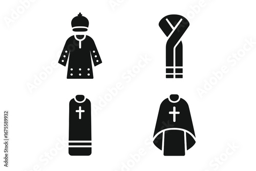 Orthodox clergy vestments solid glyph icon set. Eastern Christian priest and bishop liturgical attire. Sakkos, phelonion, epitrachelion, omophorion religious symbols.