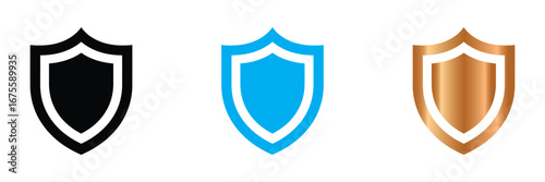 Three shields security protection and safety icons isolated on white background