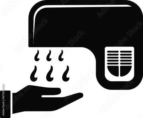 Black hand dryer blowing air onto open palm vector