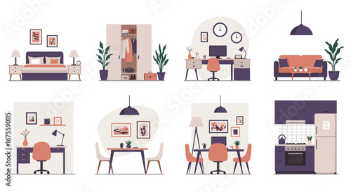 Vector illustrations depicting various rooms of a house, including a bedroom, closet, office, living room, dining room, and kitchen, all in a modern, minimalist style.