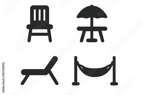 Outdoor furniture solid icon set. Vector glyphs of patio chair, garden table with umbrella, sun lounger, and hammock. Concept for summer, vacation, leisure, backyard relaxation.