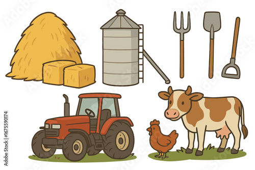 Farm life vector illustration set. Cute cartoon agricultural elements with tractor, cow, chicken, silo, hay, pitchfork, and shovel. Rural farming and livestock icons.