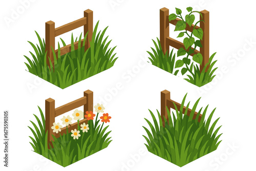 Overgrown vegetation along a wooden fence isometric icon set. Vector illustration of tall grass, climbing vine, and wildflowers. Garden, park, or backyard nature elements.