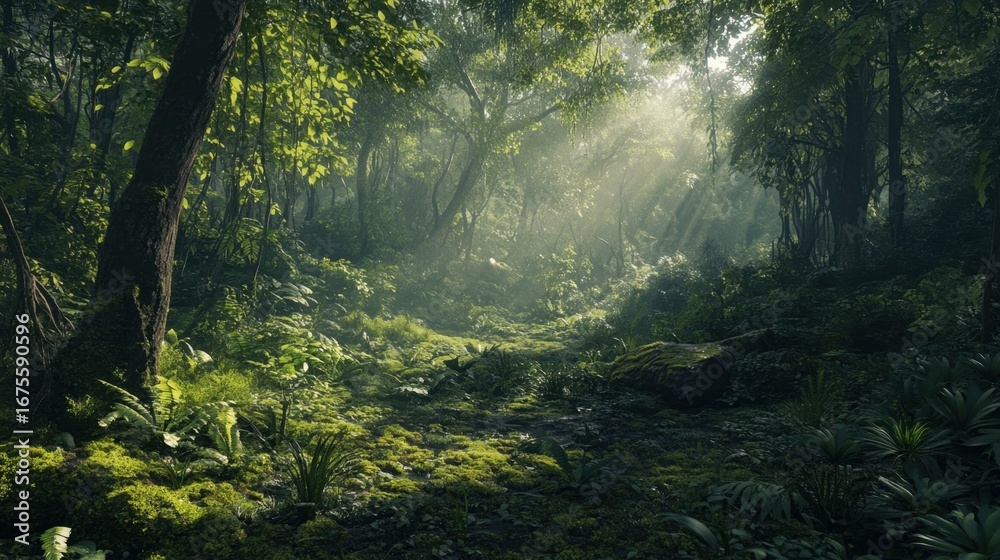 Fototapeta premium Sunlit Rainforest Path.