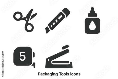 Packaging tools glyph icon set. Simple solid vector symbols for shipping and logistics. Includes scissors, cutter knife, glue bottle, tape measure, and bag sealer icons.