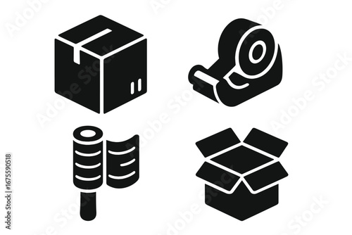 Packaging and shipping isometric icon set. Logistics and delivery symbols. Vector collection of cardboard box, tape dispenser, stretch wrap foil. Solid glyph for ecommerce.