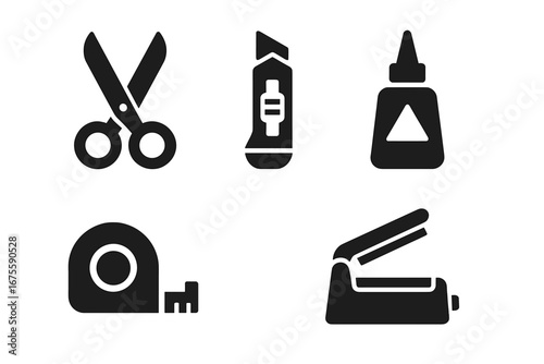 Packaging tools icon set. Solid glyph vector collection with scissors, box cutter, glue, tape measure, heat sealer. Shipping, craft, office supplies. Isolated silhouette.