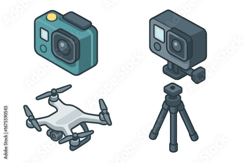 Isometric icon set of photography and videography gear. Vector illustration of action camera, waterproof camera, drone with camera, and tripod. Vlogging equipment concept.