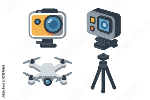 Photography and videography gear icon set. Isometric vector illustration of an action camera, waterproof camera, drone, and tripod. Vlogging and filmmaking equipment concept.