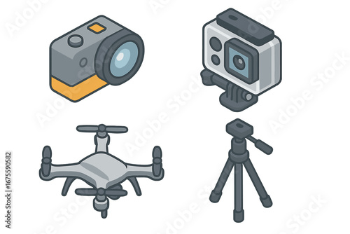 Isometric icon set of photography and videography gear. Vlogging equipment for content creators. Collection of action camera, drone, tripod, and waterproof camera. Modern gadgets.
