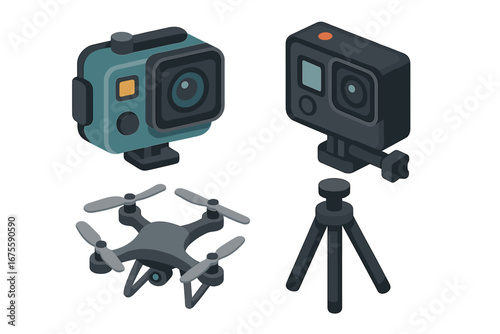 Isometric action camera, drone, and vlogging gear icon set. Vector illustration of adventure photography equipment. Waterproof cam, quadcopter, and tripod for extreme sports.