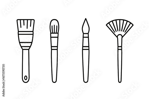 Painting brush outline icon set. Four types of artist tools: hog bristle flat, filbert, sable round & fan. Art supplies for oil & acrylic paint. Creative hobby & craft vector.