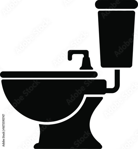 Black toilet with cistern and faucet white background
