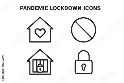 Pandemic lockdown and quarantine icon set. Vector symbols for virus protection, isolation, stay home, and safety. House arrest, no entry sign, and padlock icons.