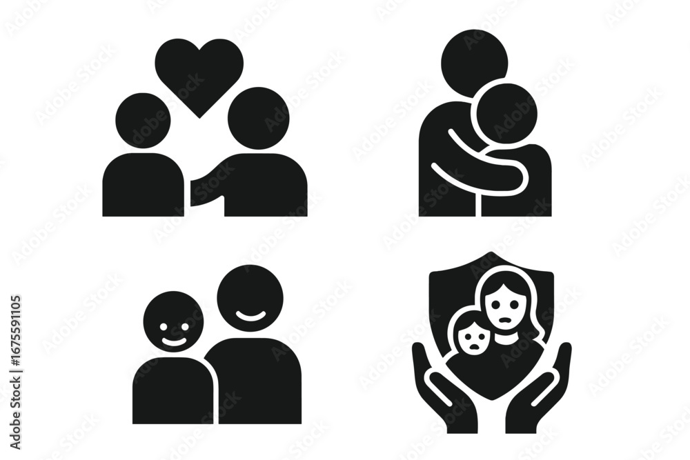 Family relationship and parenting icon set. Vector glyphs of love, hug, happiness, and child protection. Concepts for parental care, emotional support, safety, and security. Family relationship and parenting icon set. Vector glyphs of love, hug, happiness, and child protection. Concepts for parental care, emotional support, safety, and security.