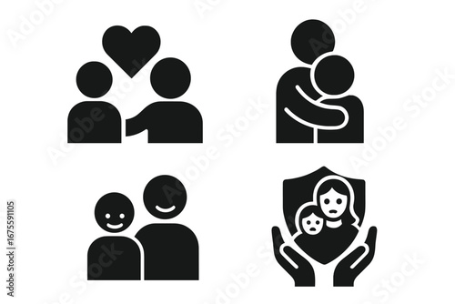Family relationship and parenting icon set. Vector glyphs of love, hug, happiness, and child protection. Concepts for parental care, emotional support, safety, and security.