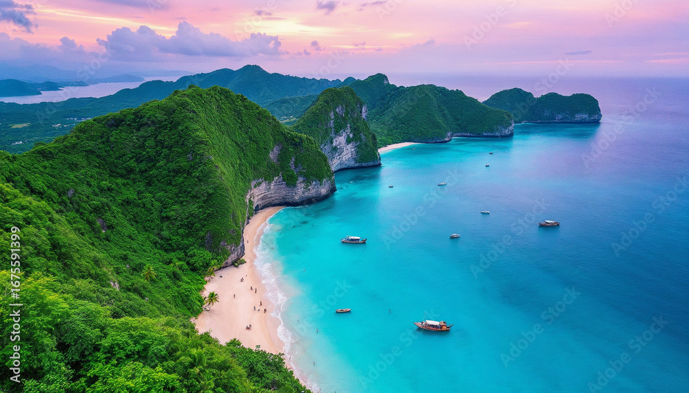 Obraz premium Aerial view of a tropical beach with cliffs and boats. 