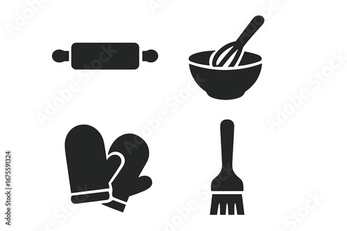 Pastry and baking tools icon set. Solid glyph vector graphics for cooking. Includes rolling pin, mixing bowl with whisk, oven mitts, and pastry brush silhouette illustrations.
