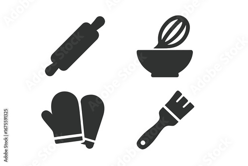 Baking and pastry tools icon set. Solid glyph icons for cooking and kitchen concepts. Vector illustration of rolling pin, whisk, mixing bowl, oven mitts, and pastry brush.