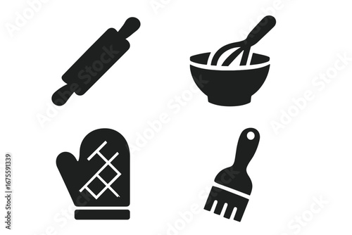 Baking tools and pastry equipment icon set. Vector glyph symbols for cooking and kitchenware. Solid silhouette collection of rolling pin, mixing bowl, whisk, and oven mitt.