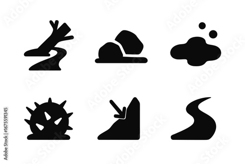 Path obstacle icons. Business challenge and life journey metaphor. Set of problem and difficulty symbols. Fallen tree, rock, mud, thorn bush, slippery slope, river vector.