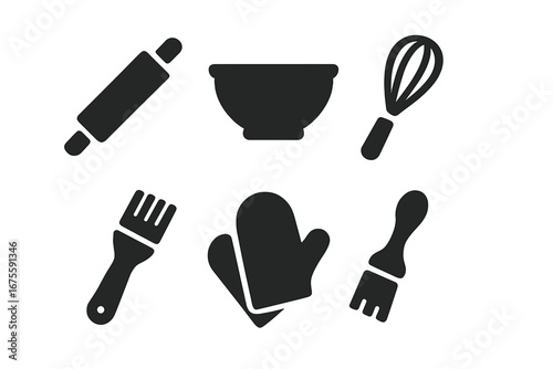 Baking tools icon set. Pastry kitchen utensils solid glyph collection. Rolling pin, mixing bowl, whisk, oven mitt, brush. Bakery, cooking, patisserie concept vector.