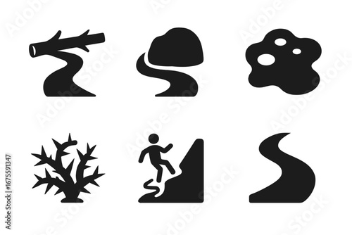 Path obstacle vector icon set. Metaphor for business challenge, risk, problem, and barrier. Solid glyphs of fallen tree, rock, mud, thorns, slippery slope, and river.