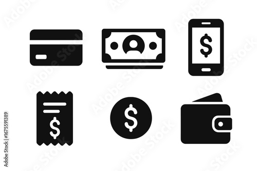 Payment methods solid icon set vector. Finance and money glyph symbols. Credit card, cash, mobile banking, wallet, receipt, and coin icons for e-commerce and online shopping.