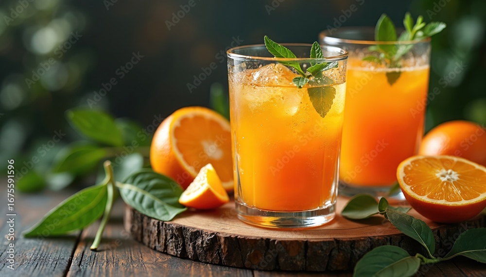Fototapeta premium Two tall glasses filled with vibrant orange juice, ice, garnished with fresh mint leaves. Whole, sliced fresh oranges placed on rustic wooden surface, with subtle splash of juice in foreground.
