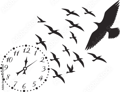 Clock with birds flying away symbolizing time passing