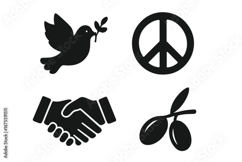 Peace icons set. Glyph symbols of harmony, hope and unity. Dove with an olive branch, peace sign, handshake, reconciliation concept. Anti-war and diplomacy vector illustration.