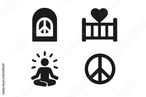 Peace icons set. Vector glyphs of meditation, love, harmony, and anti-war symbol. Spiritual mindfulness, acceptance, calm doorway, and family love heart over gate pictogram.