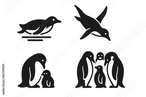 Penguin behavior icon set. Cute cartoon vector glyphs. Antarctic animal sliding on ice, diving, swimming, family care, nesting, feeding chick, group. Wildlife bird illustration.