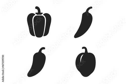 Pepper icon set vector. Solid glyph silhouette collection of different pepper varieties. Bell pepper, chili, jalapeño, habanero. Hot spicy food vegetable graphic element.