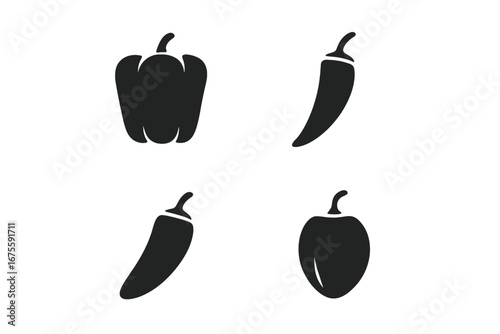 Pepper varieties solid glyph icon set. Vector collection of black silhouette symbols including bell pepper, chili, jalapeño, poblano, habanero. Isolated hot vegetable concept.