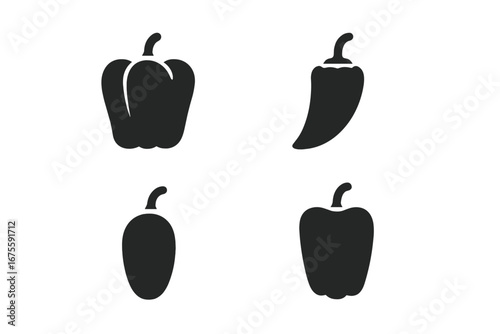 Pepper vector icon set. Solid glyph collection of bell pepper, chili, and jalapeño. Hot spicy food and vegetable silhouette symbols for cooking, menu, or grocery app design.