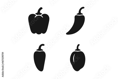 Pepper vector icon set. Solid glyph silhouettes of various peppers. Includes bell pepper, chili, jalapeño, habanero. Hot spicy vegetable food ingredient graphic symbols.