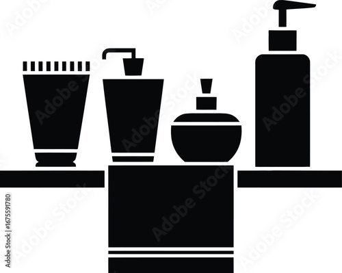 Toiletries bottles and tubes on shelves dispenser pump