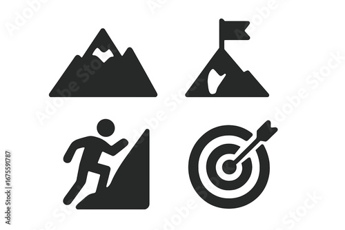 Persistence and goal achievement solid icon set. Vector symbols for success, determination, and challenge. Includes climber, mountain peak with flag, and target with arrow.
