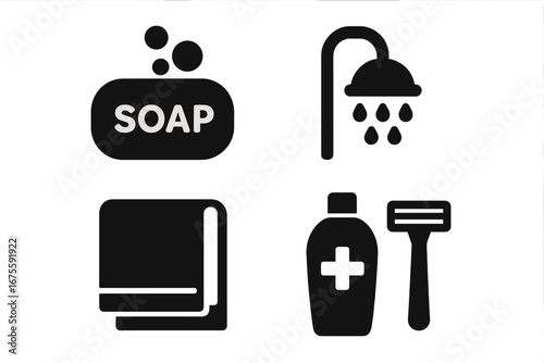 Personal hygiene solid glyph icon set. Bathroom items collection. Shower, soap bar, towel, razor, shampoo symbols. Health, wellness, and self-care vector pictograms.
