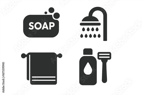 Personal hygiene icon set. Solid glyph vector illustration of bathroom items. Soap bar, shower, towel, shampoo and razor symbols for cleanliness, bathing and daily grooming.