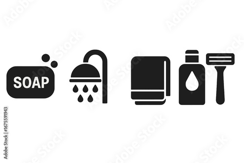 Personal hygiene solid glyph icon set. Bathroom pictograms of soap, shower, towel, shampoo, and razor. Grooming, self-care routine symbols for web and mobile apps. Vector.
