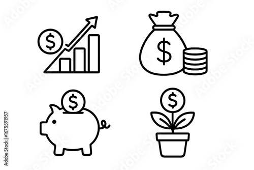 Finance icon set for investment, savings, and growth concepts. Vector line art symbols of money bag, piggy bank, profit chart, and financial growth. Business illustration.