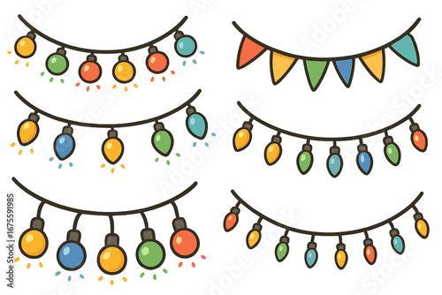 Christmas lights garland set for holiday and party decor. Collection of colorful decorative string lights, lightbulbs, and bunting flags. Vector cartoon festive design elements.