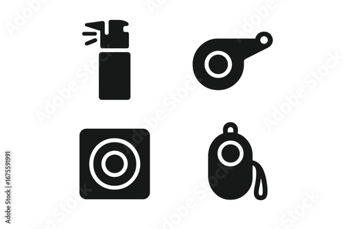 Personal safety solid glyph icon set. Self defense devices vector symbols. Pepper spray, emergency whistle, panic button, and portable alarm system for security and protection.