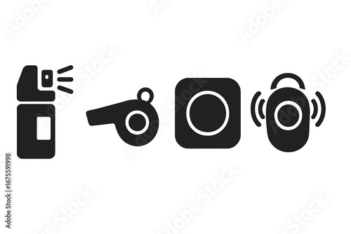 Personal safety icon set for self-defense. Vector glyph symbols of pepper spray, whistle, emergency panic button, and alarm device. Security and protection concept graphic.