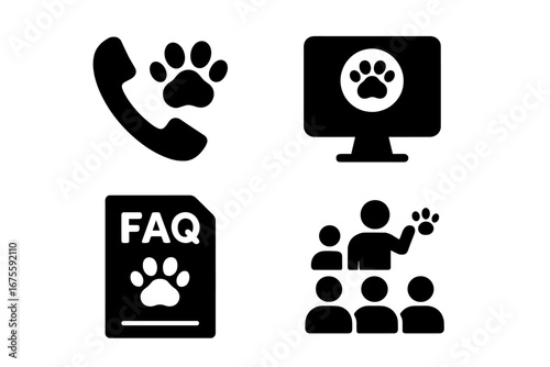 Pet support solid icon set. Vector symbols for animal help resources. Concepts: hotline phone, website, FAQ document, community support group, veterinary training seminar.