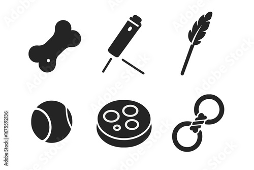 Pet toy icon set. Solid glyph vector collection for dog and cat. Interactive play objects like bone, laser pointer, feather wand, ball, puzzle feeder, and tug rope illustration.