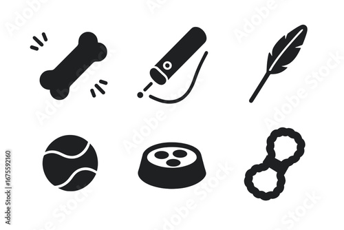 Pet toy icon set. Solid glyph vector icons for pet shop supplies. Features squeaky bone, laser pointer, feather wand, ball, puzzle feeder, and tug rope for dog and cat play.